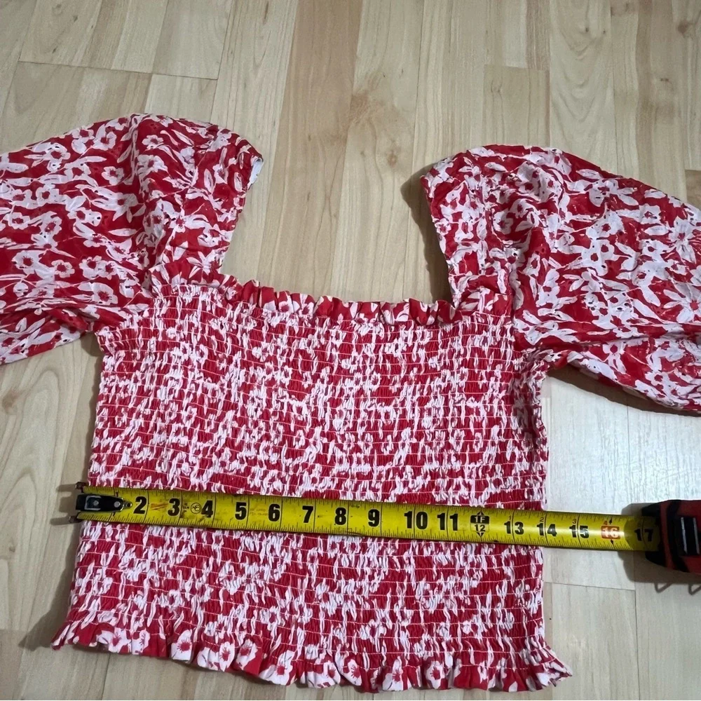 Anthropologie Smocked Eyelet Top Red Floral Blouse Size Medium